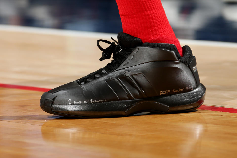 The sneakers worn by Kelly Oubre Jr. of the Washington Wizards against the Milwaukee Bucks on Jan. 15, 2018 at Capital One Arena in Washington, D.C. (Getty)