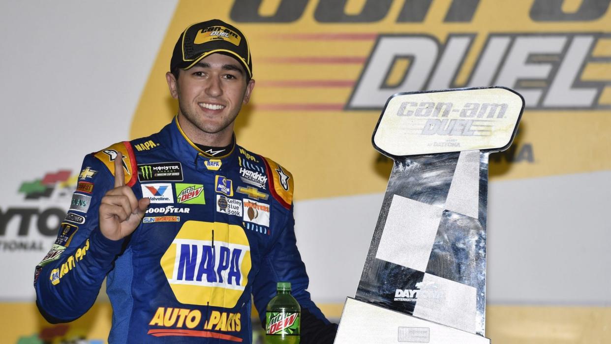 Mandatory Credit: Photo by Nigel Kinrade/NKP/Motorsport Images/Shutterstock (11028179as)2017 NASCAR Monster Energy Cup - Can-Am Duels Daytona International Speedway, Daytona Beach, FL USA Thursday 23 February 2017 Chase Elliott celebrates his win in Victory Lane World Copyright: Nigel Kinrade/LAT ImagesNASCAR Cup, Can-Am Duels - Daytona, Florida, USA, Daytona International Speedway, United States of America - 23 Feb 2017.