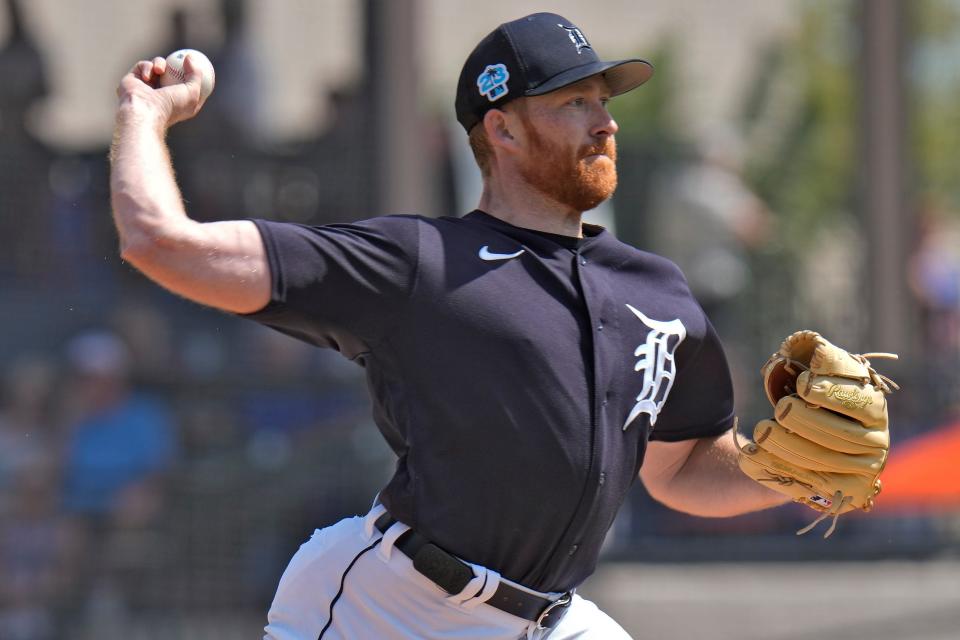 Tigers pitcher Spencer Turnbull against the Blue Jays during the first inning of the Tigers' 18-5 spring training game loss on Saturday, March 4, 2023, in Lakeland, Florida.
