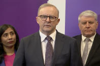 In this image from a video, Australian Prime Minister Anthony Albanese speaks at a press conference in Perth, Australia Monday, Aug. 28, 2023. Several U.S. Marines remained in a hospital in the Australian north coast city of Darwin on Monday after they were injured in a fiery crash of a tiltrotor aircraft that killed three of their colleagues on an island. Albanese offered his country's condolences to the victims' families. (Australian Broadcasting Corp. via AP)