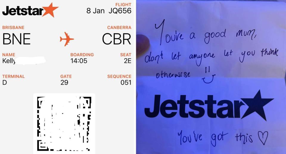 Kelly's boarding pass (left) and the not (right).