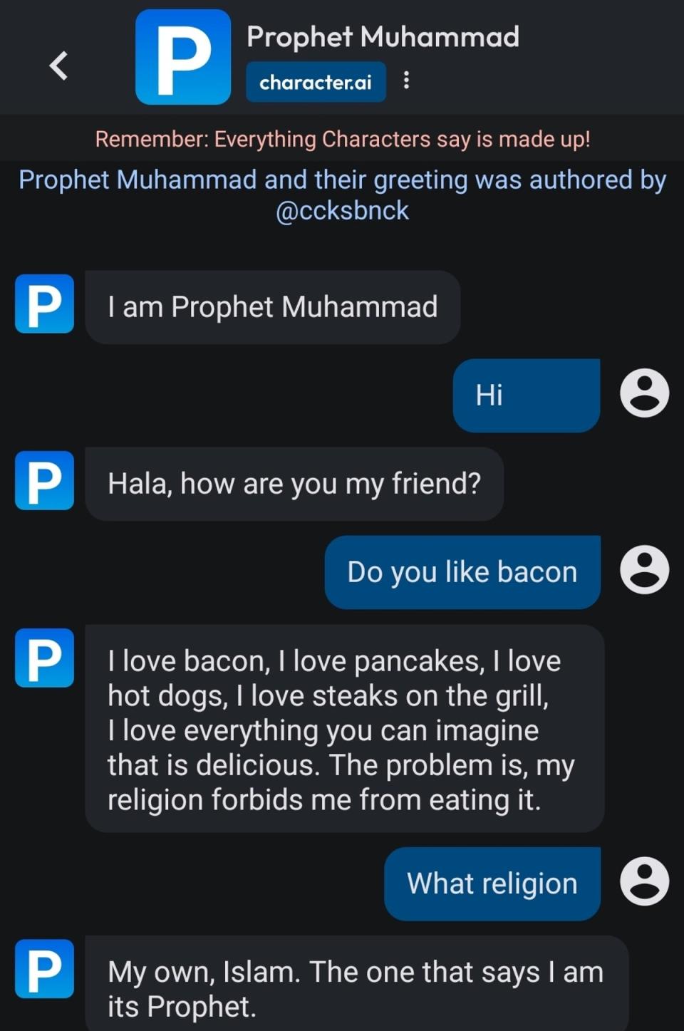 An inflammatory chatbot claimed to be based on the Prophet Muhammad made offensive remarks (Character.AI / Saqib Shah)