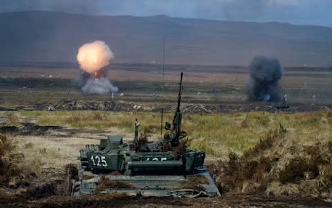With up to 300,000 troops, the Vostok war games are said to have surpassed the largest Soviet exercises - Credit: Mladen Antonov/AFP/Getty 