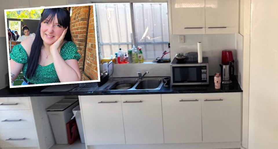 May Higgins is pictured alongside her kitchen in Kilburn, SA. 