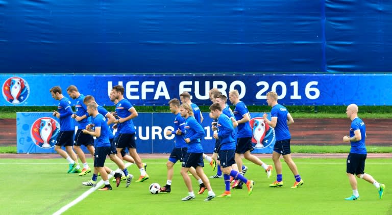 Iceland players take part in a training session in Annecy prior to their quarter-finals match against France