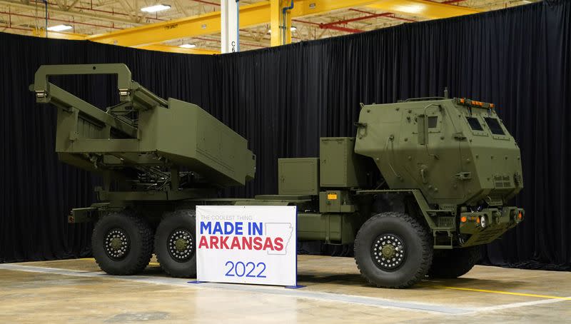 HIMARS missile launcher vehicle on display at Lockheed Martin in Camden, Arkansas