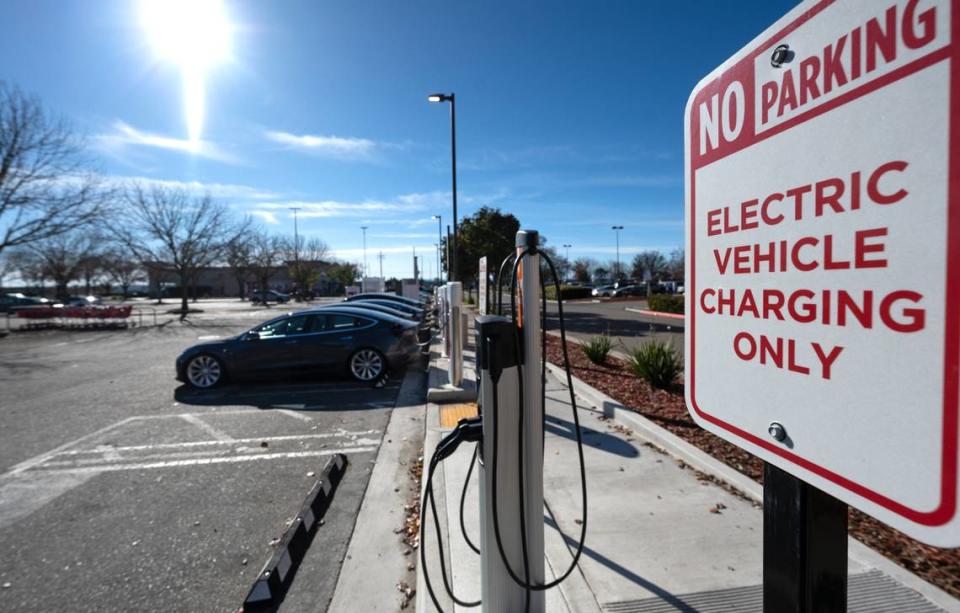 Tesla Supercharger and ChargePoint EV charging station on Sisk Road in Modesto, Calif.,Thursday, Jan. 11, 2024.
