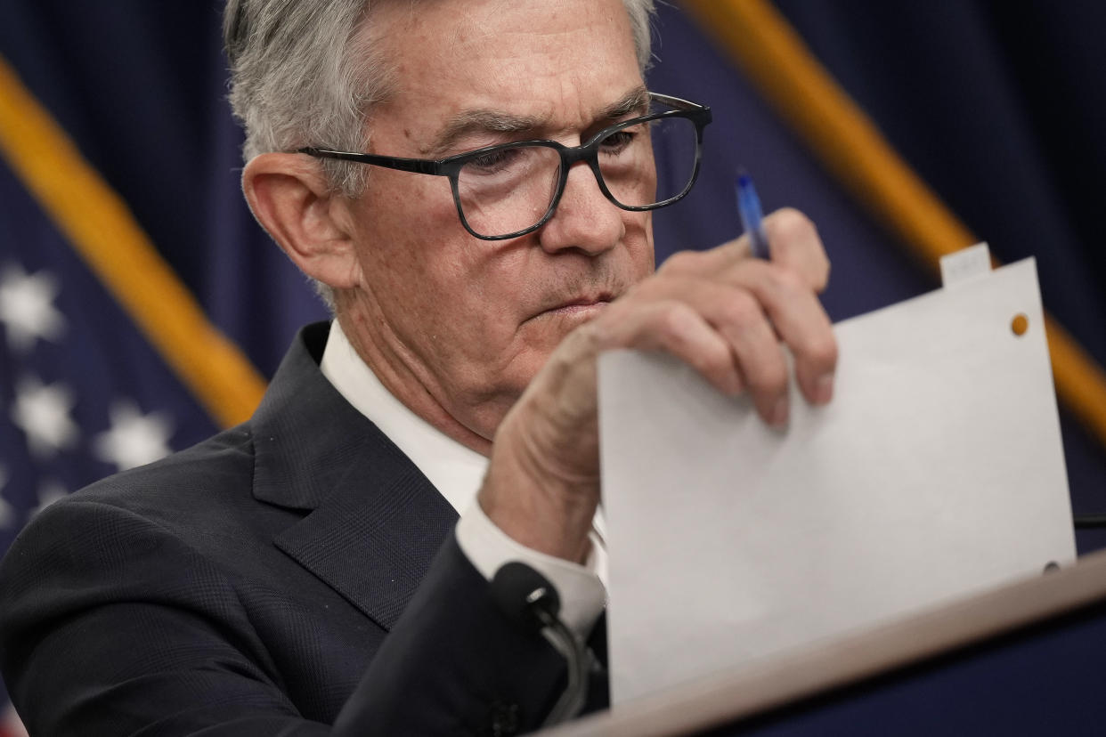 WASHINGTON, DC - SEPTEMBER 21: U.S. Federal Reserve Board Chairman Jerome Powell looks at notes while speaking during a news conference following a meeting of the Federal Open Market Committee (FOMC) at the headquarters of the Federal Reserve on September 21, 2022 in Washington, DC. Powell announced that the Federal Reserve is raising interest rates by three-quarters of a percentage point. (Photo by Drew Angerer/Getty Images)