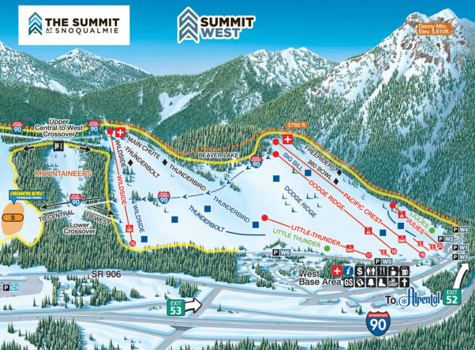 Summit West at The Summit at Snoqualmie. Map courtesy of <a href="https://summitatsnoqualmie.com/trail-maps" rel="nofollow noopener" target="_blank" data-ylk="slk:The Summit at Snoqualmie.;elm:context_link;itc:0;sec:content-canvas" class="link ">The Summit at Snoqualmie. </a>