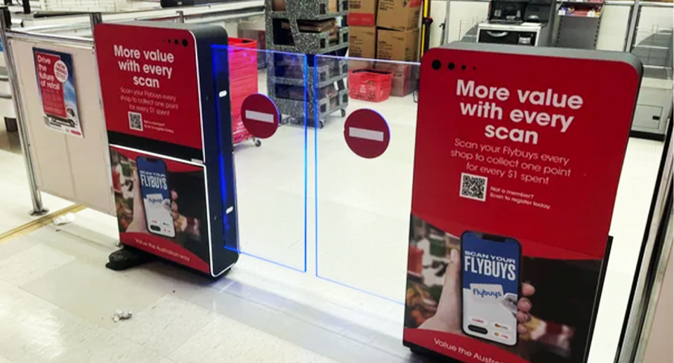 A Coles self-serve checkout with anti-theft gates amid claims there's new bagging protocols in place. 