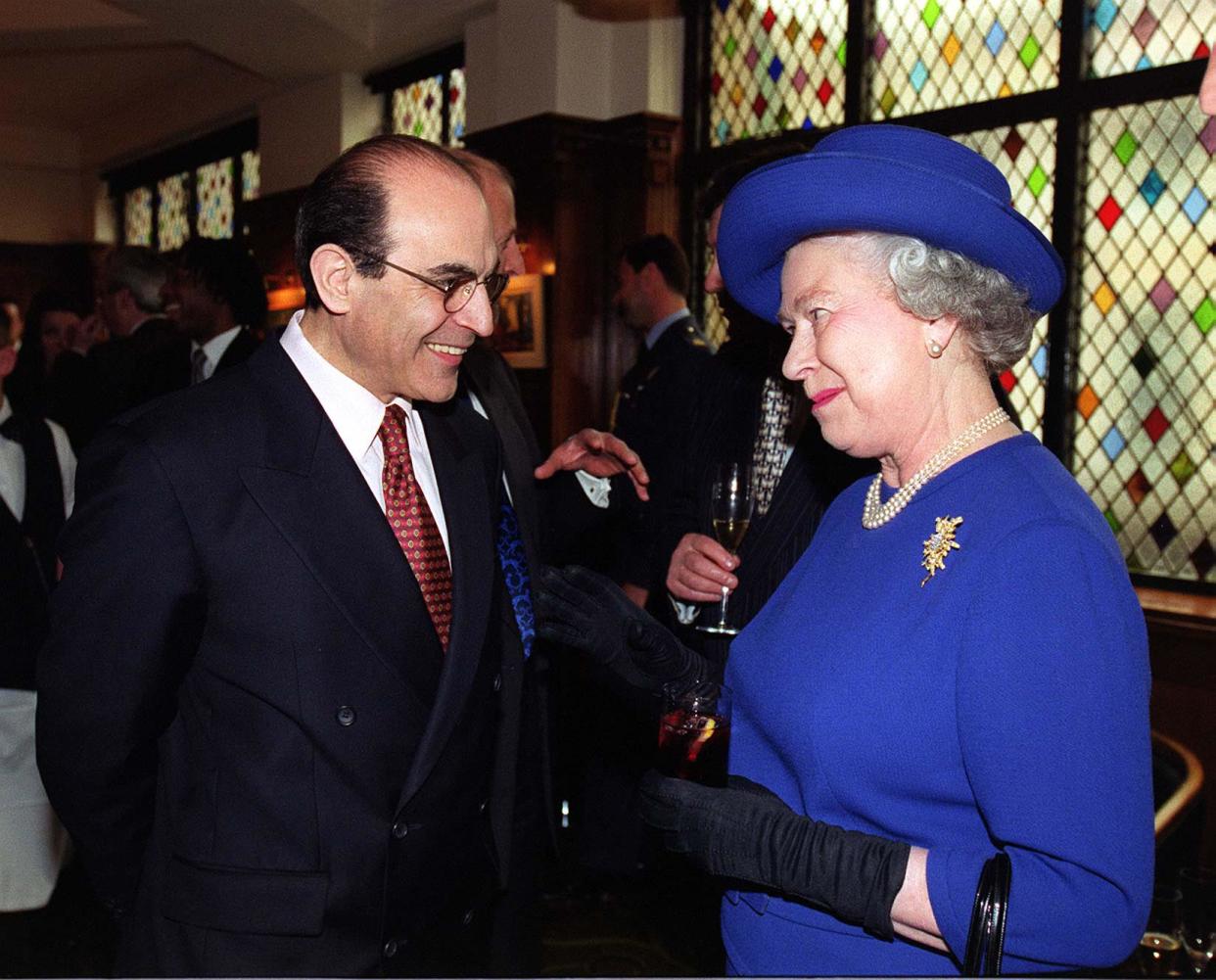 The Queen shares a joke with actor David Suchet during her visit to the Almeida Theatre in London, part of a tour by The Queen and the Duke to London's Theatreland.   (Photo by John Stillwell - PA Images/PA Images via Getty Images)