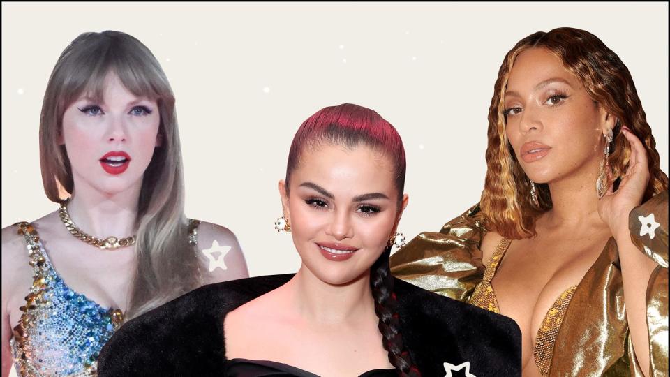 a collage of taylor swift, selena gomez, and beyonce