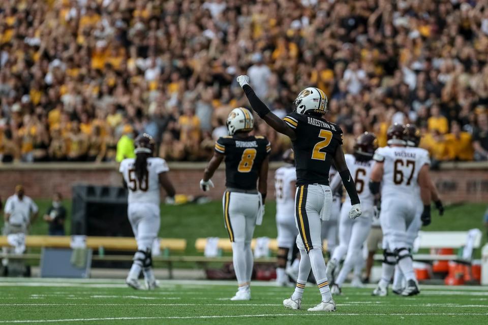 Missouri defensive back Ennis Rakestraw Jr. (2) reacts to a defensive stop against Central Michigan on Sept. 4, 2021, at Faurot Field.