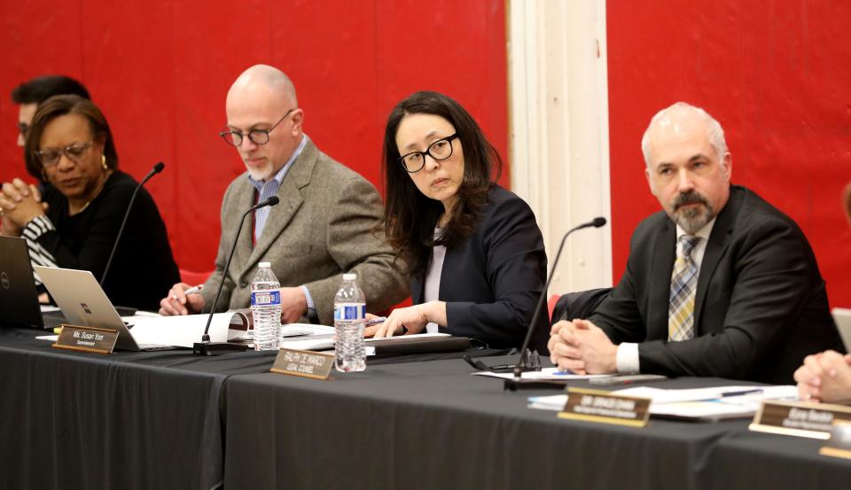 Nyack Schools Superintendent Susan Yom, center, is pictured at the Nyack school board meeting at Nyack Middle School, March 19, 2024.