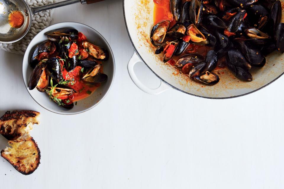 Steamed Mussels with Tomato and Chorizo Broth