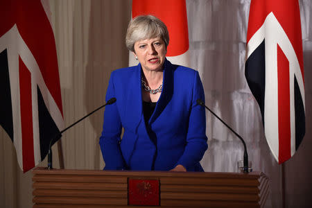 British Prime Minister Theresa May speaks at press conference at the state guest house in Tokyo, Japan August 31, 2017. REUTERS/Kazuhiro Nogi/Pool