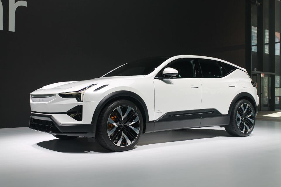 A white Polestar 3 electric SUV against a black background.