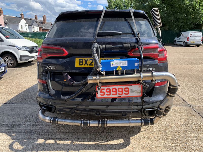 A BMW X5 plug-in hybrid is pictured while undergoing tests by Emissions Analytics for a study on emissions by NGO Transport & Environment