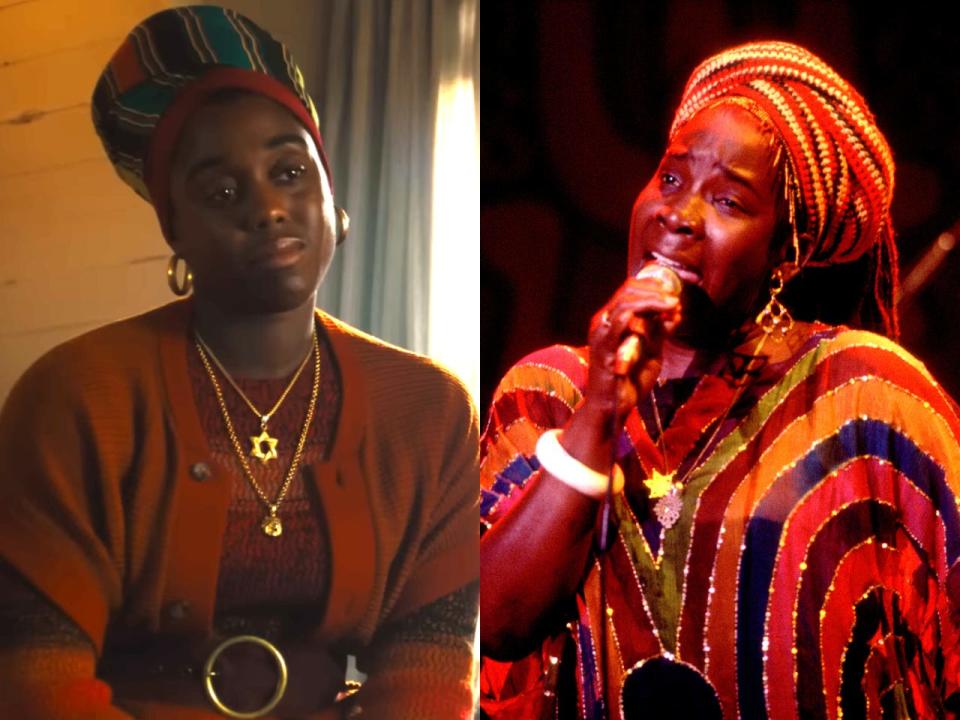 a side-by-side picture of Lashana Lynch in "Bob Marley: One Love" and the real Rita Marley.