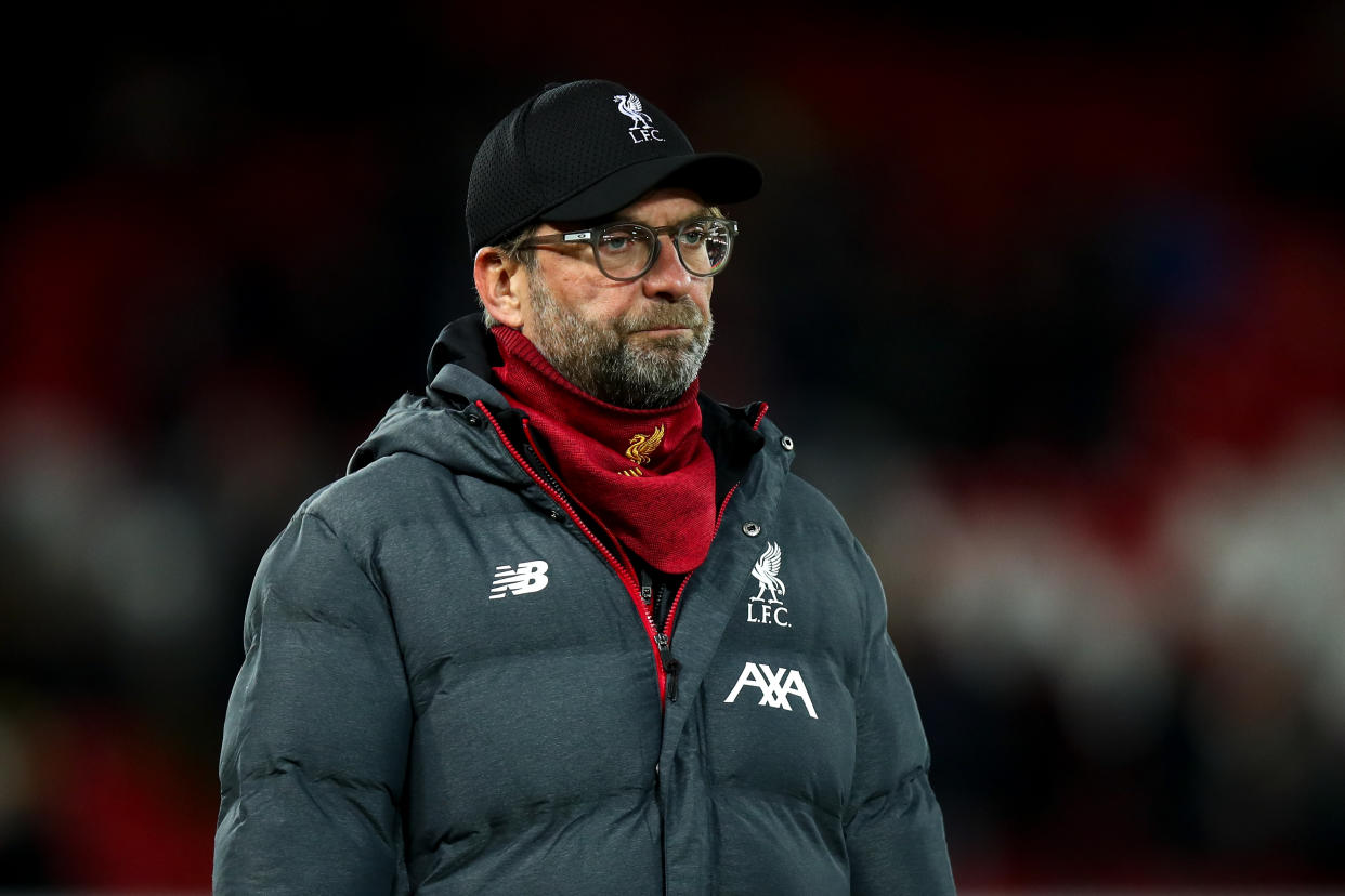 LIVERPOOL, ENGLAND - OCTOBER 30:  Jurgen Klopp the head coach / manager of Liverpool during the Carabao Cup Round of 16 match between Liverpool and Arsenal at Anfield on October 30, 2019 in Liverpool, England. (Photo by Robbie Jay Barratt - AMA/Getty Images)