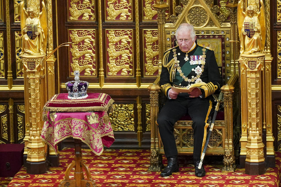 Prince Charles reads the Queen&#39;s speech in the House of Lords Chamber, during the State Opening of Parliament in the House of Lords at the Palace of Westminster on May 10, 2022