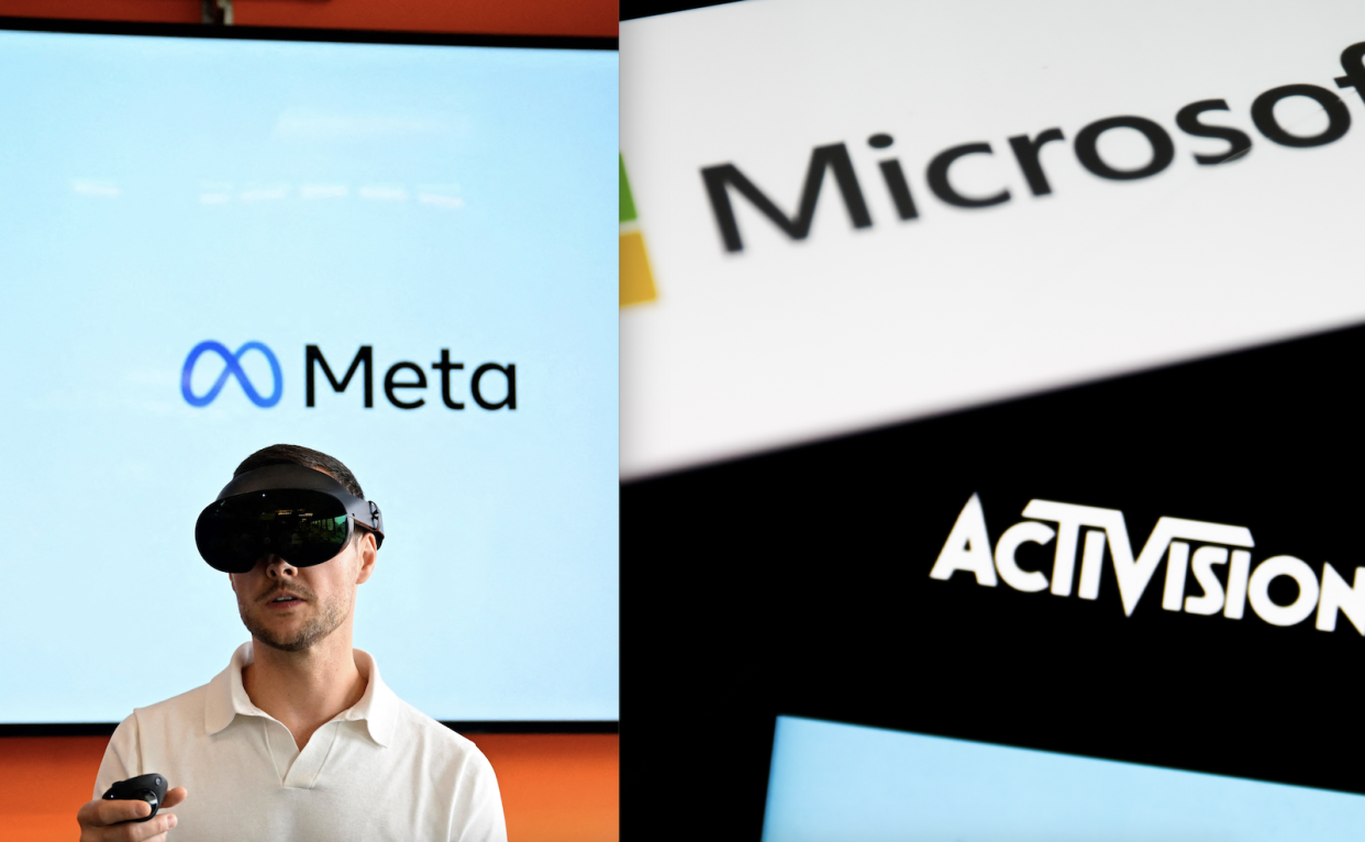 A composite picture of a man in a virtual reality headset and logos of tech giants Microsoft and Activision.