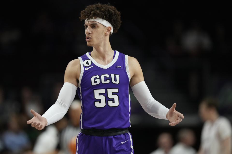 LAS VEGAS, NEVADA - MARCH 11: Walter Ellis #55 of the Grand Canyon Antelopes gestures following a play in the first half  against the Southern Utah Thunderbirds at the Orleans Arena on March 11, 2023 in Las Vegas, Nevada. (Photo by Louis Grasse/Getty Images)