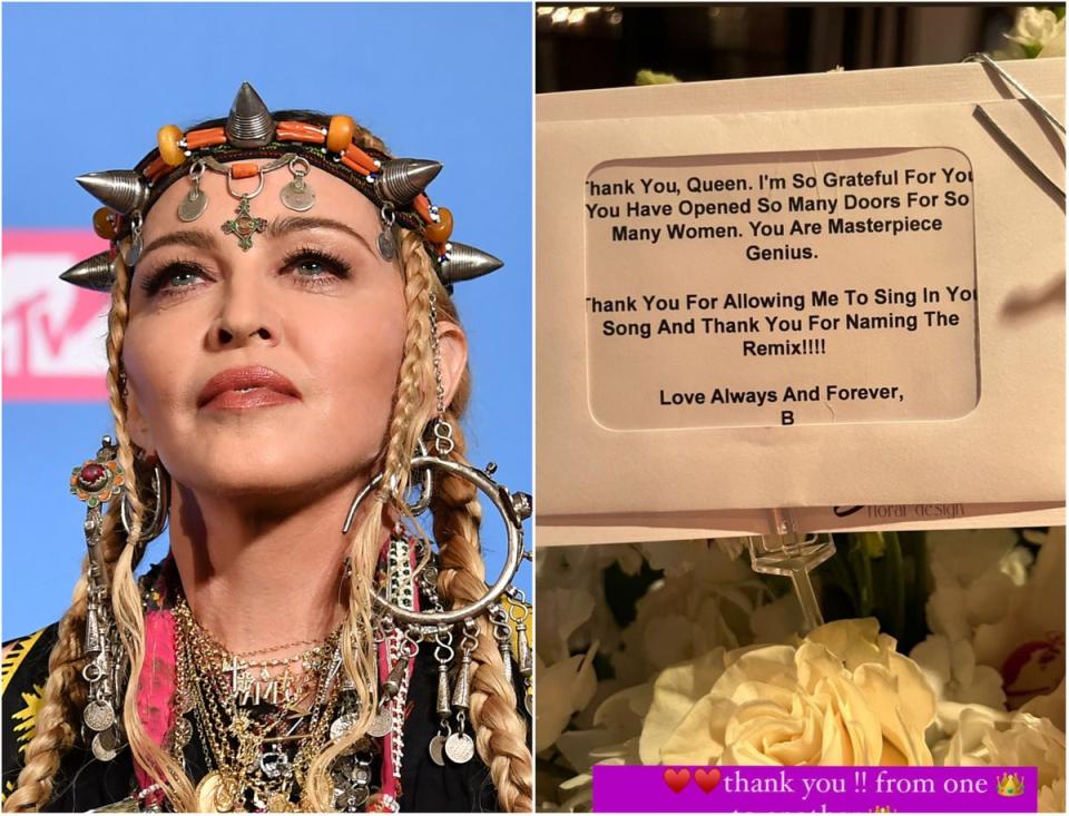 Madonna and her note from Beyoncé (Getty Images/Madonna/Instagram)