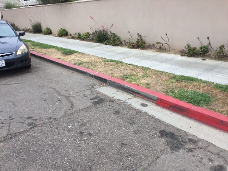 An illegally painted red curb in La Jolla Shores. Last weekend, city crews painted over 154 feet of such curbs after receiving complaints. <span class="copyright">(San Diego Union-Tribune)</span>