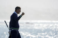 Justin Rose, of England, reacts after making a par putt on the 18th green of the Pebble Beach Golf Links and winning the AT&T Pebble Beach Pro-Am golf tournament in Pebble Beach, Calif., Monday, Feb. 6, 2023. (AP Photo/Godofredo A. Vásquez)