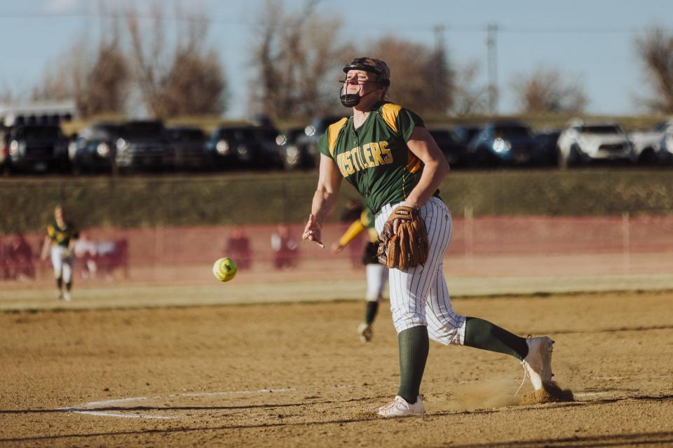 C.M. Russell High's Brie Ginnaty delivers a pitch in a win over Great Falls High Tuesday at the Multi-Sports Complex.