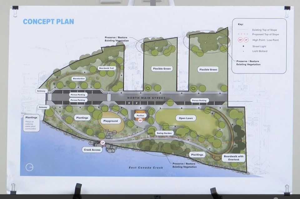 According to Liz Podowski King, the project aims to lessen flood damages in two ways: the voluntary FEMA buy-out of properties and the creation of a new waterfront park for residents.