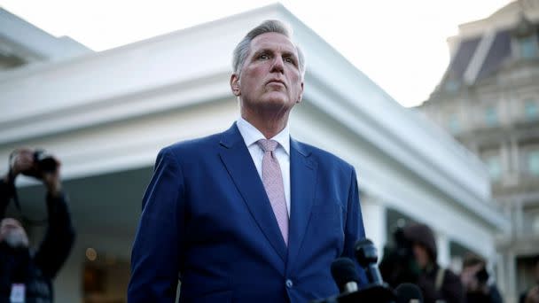 PHOTO: Speaker of the House Kevin McCarthy talks to reporters after meeting with U.S. President Joe Biden at the White House, Feb. 1, 2023, in Washington, D.C. (Chip Somodevilla/Getty Images)