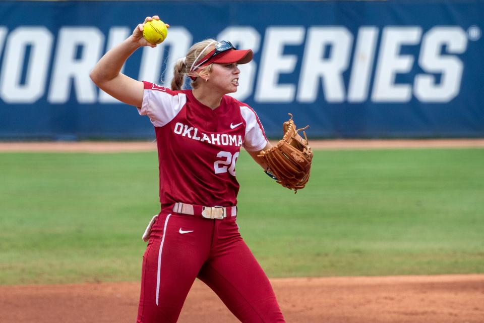 Oklahoma  infielder Jana Johns (20) throws the ball to first base against Florida State during Game 3 of the NCAA Womens College World Series championship on June 10, 2021.