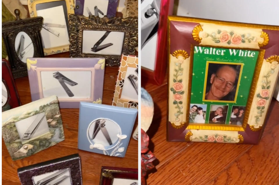 The TikToker is showing off her photo frame collection that features photos of nail clippers and Walter White from "Breaking Bad"