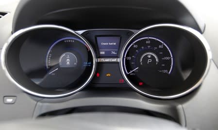 The dashboard of Hyundai Tucson hydrogen fuel cell electric vehicle in Newport Beach, California