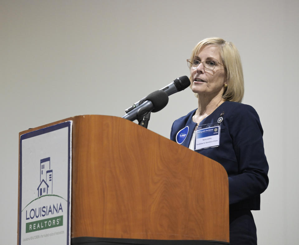 Nancy Landry, candidate for Louisiana Secretary of State, speaks during the National Association of Realtor's Riding with the Brand tour stop in Shreveport, La, at the Shreveport Convention Center Tuesday, Sept. 19, 2023. Louisiana voters will cast their ballot, Saturday, Nov. 18 to determine a a slew of runoff races including for three vacant statewide offices: attorney general, secretary of state and treasurer. (Jill Pickett/The Advocate via AP)