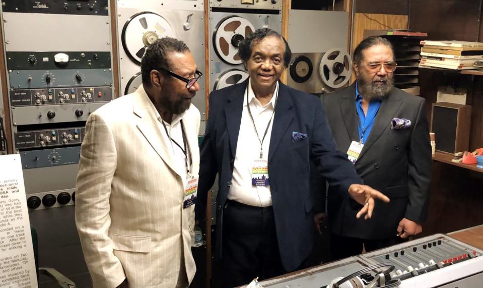 Brian Holland, left, Lamont Dozier and Eddie Holland revisit the Studio A control room at Hitsville, U.S.A., in Detroit in June 2019. It was the trio's final time together in a recording studio.