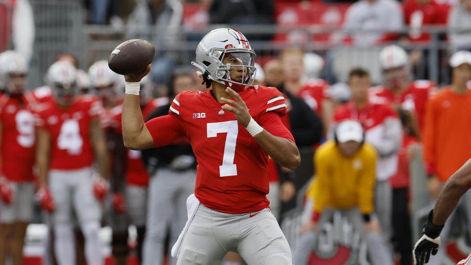 Ohio State quarterback C.J. Stroud throws against Rutgers on Saturday, Oct. 1, 2022, in Columbus, Ohio. (AP Photo/Jay LaPrete)