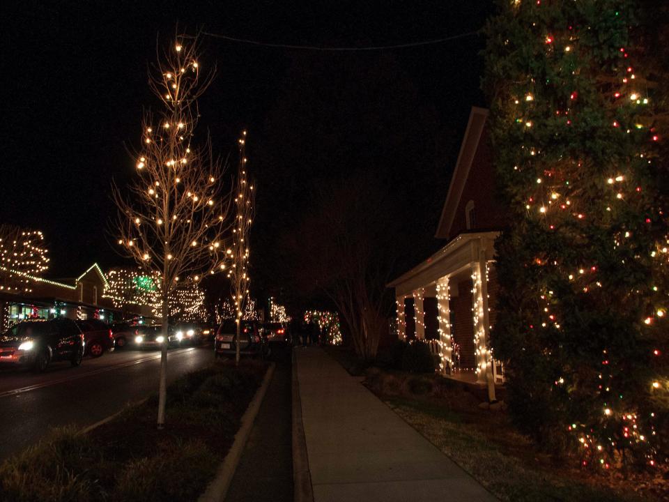 A lit-up street in McAdenville, North Carolina.