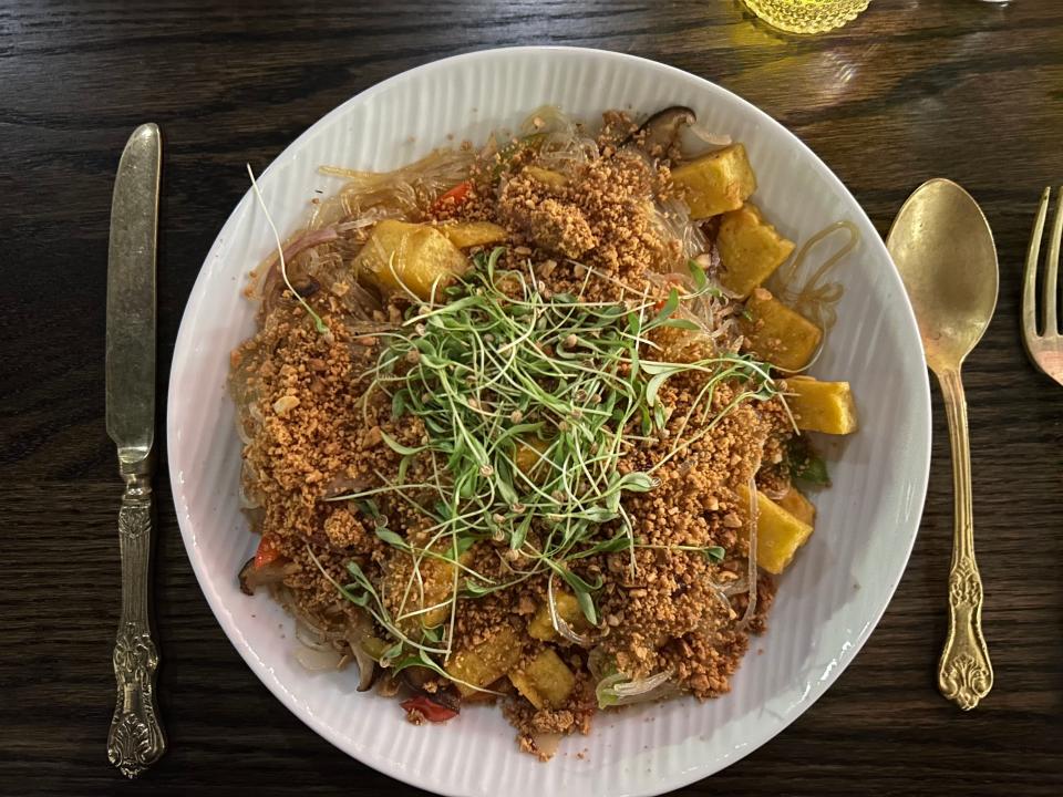 The vegetarian San noodles at The Cheel in Thiensville feature Burmese tofu, clear bean noodles, bell pepper, shiitake mushrooms and crunchy crushed peanuts with ginger and sesame.