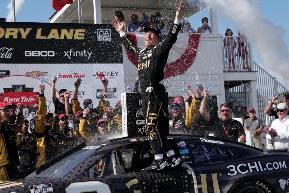 Tyler Reddick celebrates after winning the Kwik Trip 250 after a NASCAR Cup Series auto race earlier this month at Road America in Elkhart Lake, Wisc. Reddick will race in Friday's Granite State Pro Stocks event at Lee USA Speedway.