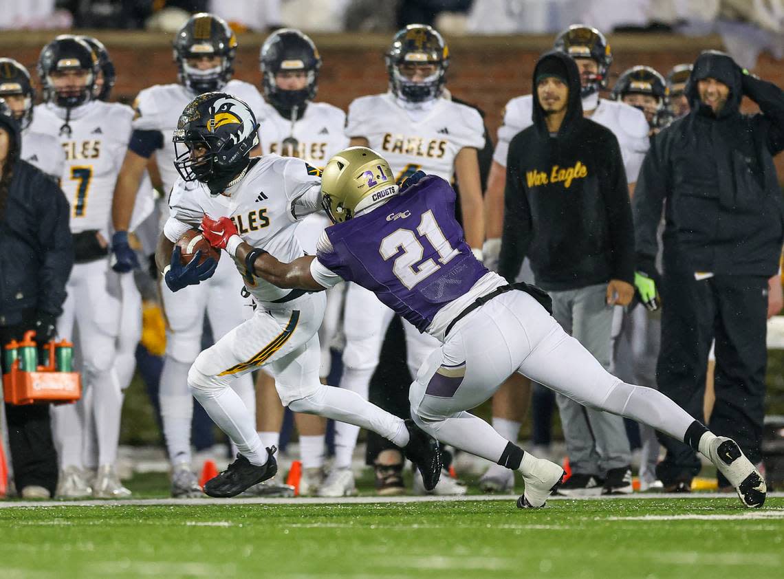 The Liberty North Eagles gained yardage in chunks during Saturday’s state championship game against Christian Brothers College at Mizzou’s Faurot Field in Columbia.
