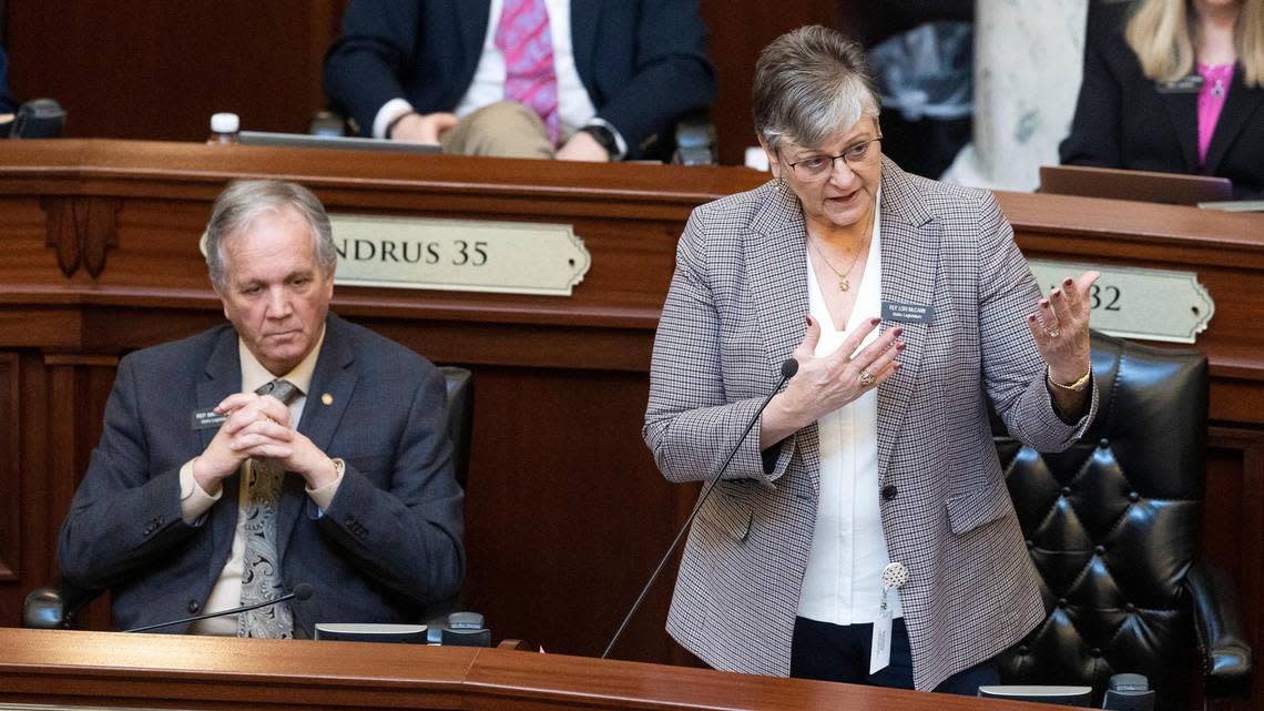 Rep. Lori McCann, R-Lewiston, said she is conflicted on some of the language in a bill that would criminalize healthcare for transgender minors in Idaho, but would still vote yes. The House of Representatives debated the controversial bill, Tuesday, Feb. 14, 2023, at the Statehouse in downtown Boise.