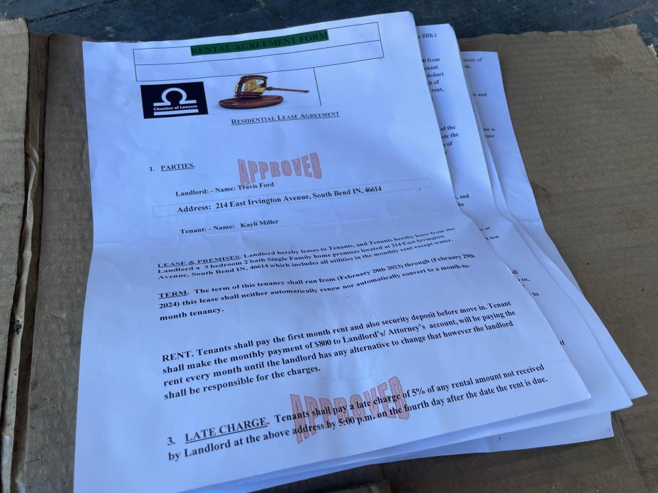 A printed copy of the fraudulent lease that Aaron Smith and Kayli Miller signed to move into their rental home at 214 E. Irvington Ave.