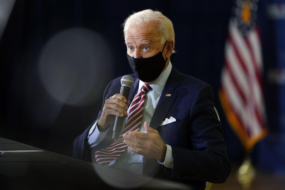 Democratic presidential candidate former Vice President Joe Biden speaks during a roundtable discussion with veterans, Tuesday, Sept. 15, 2020, at Hillsborough Community College in Tampa, Fla. (AP Photo/Patrick Semansky)