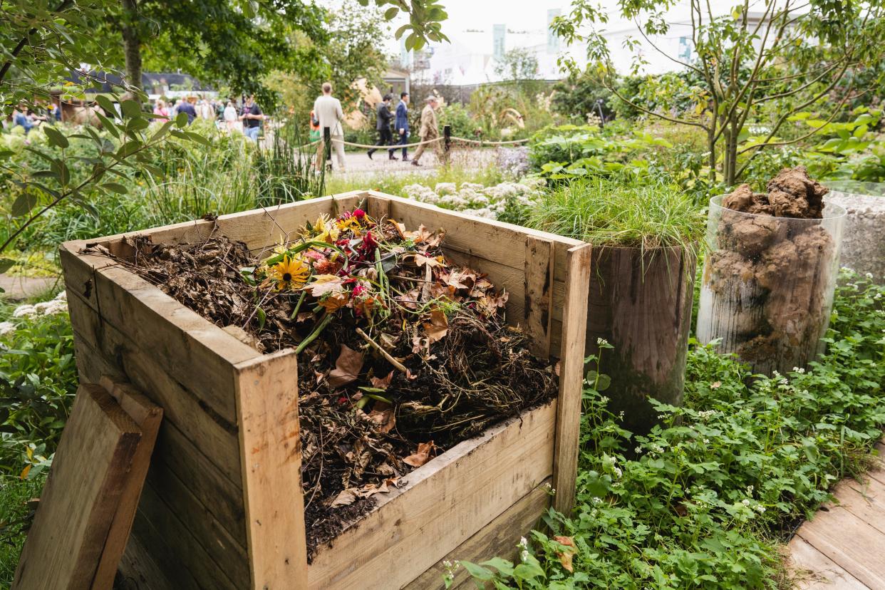 Compost bin in the RHS Cop26 Garden at RHS Chelsea Flower Show 