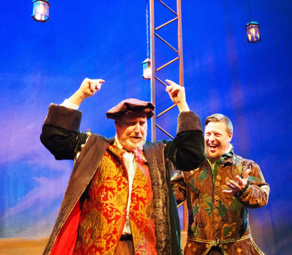 Kevin Groppe, left, and Donnie Norton, right, in The Company Theatre's production of "Something Rotten!"