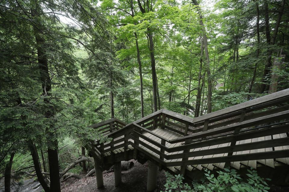 Stairs lead to the viewing platform for Brandywine Falls in Cuyahoga Valley National Park.