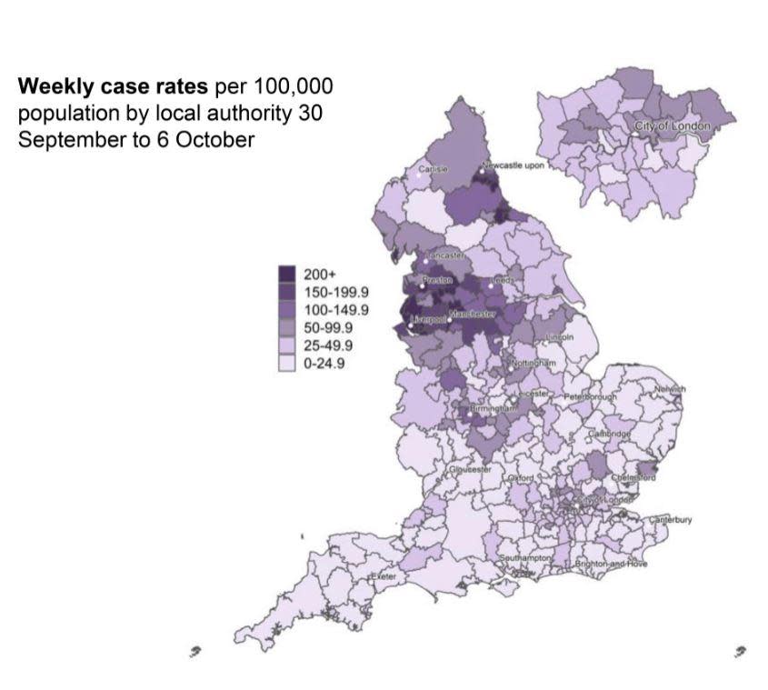 Weekly case rates per 100,000 people between September 30 and October 6